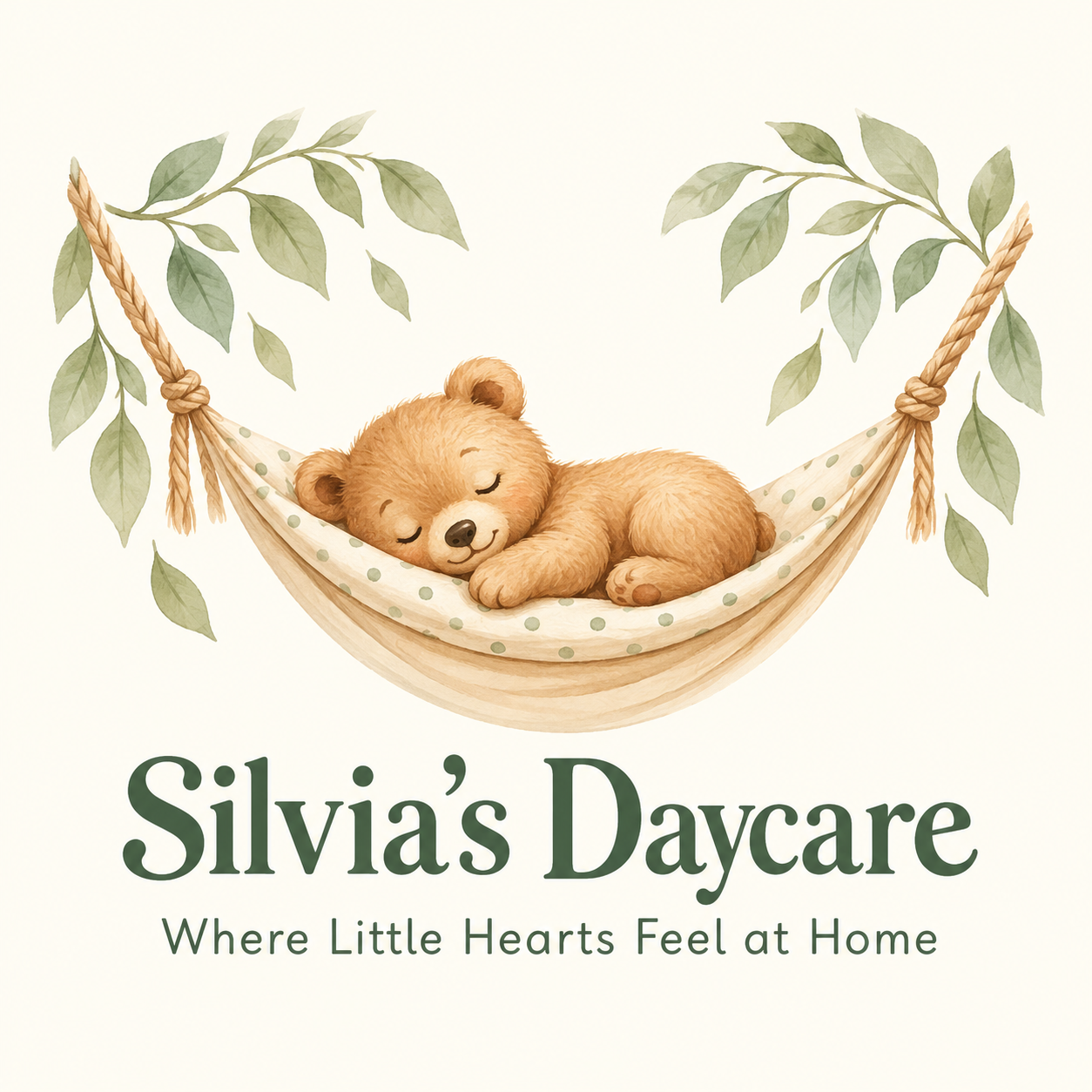 Silvia’s Daycare — Where Little Hearts Feel at Home. A sleeping bear rests in a hammock beneath sage leaves.